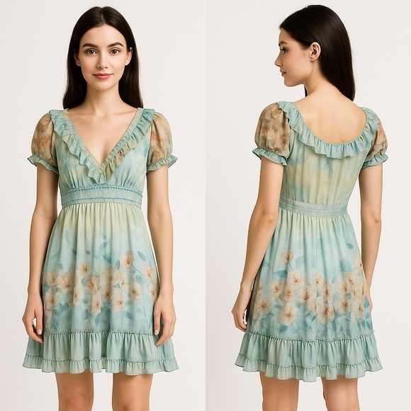 Vintage Annalise dress Mulberry silk ruffle detail bead puff sleeve fitted waist - Picture 1 of 6